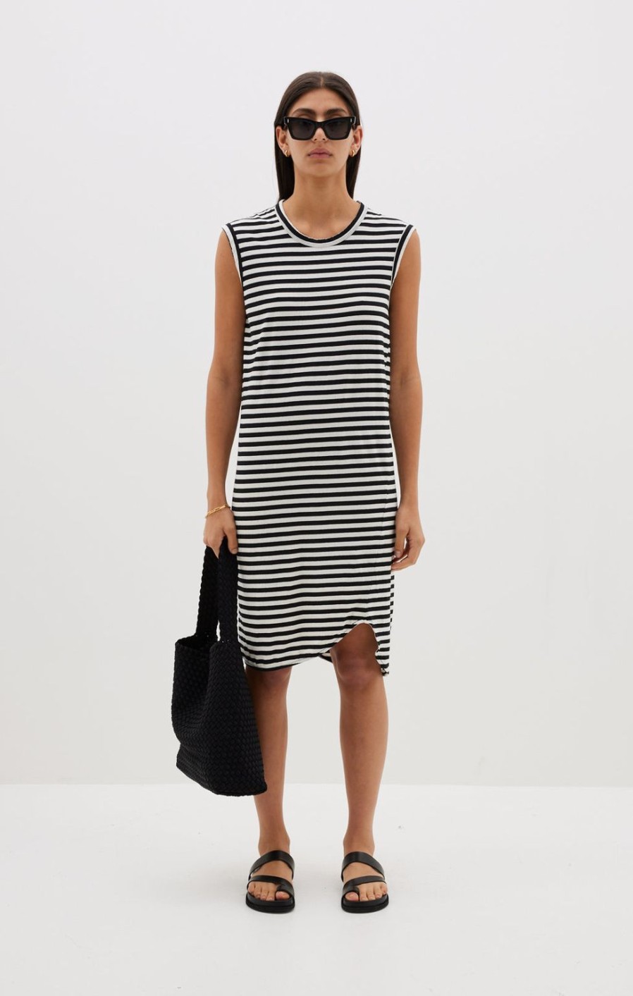 New Bassike Stripe Slim Muscle Tank Dress - Undyed/Black