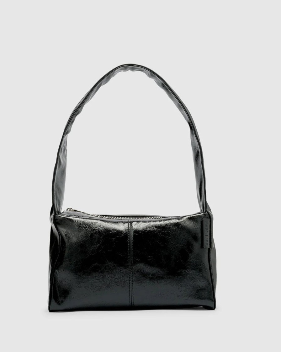 Clearance Brie Leon Luca Shoulder Bag - Black Glossy Crinkle