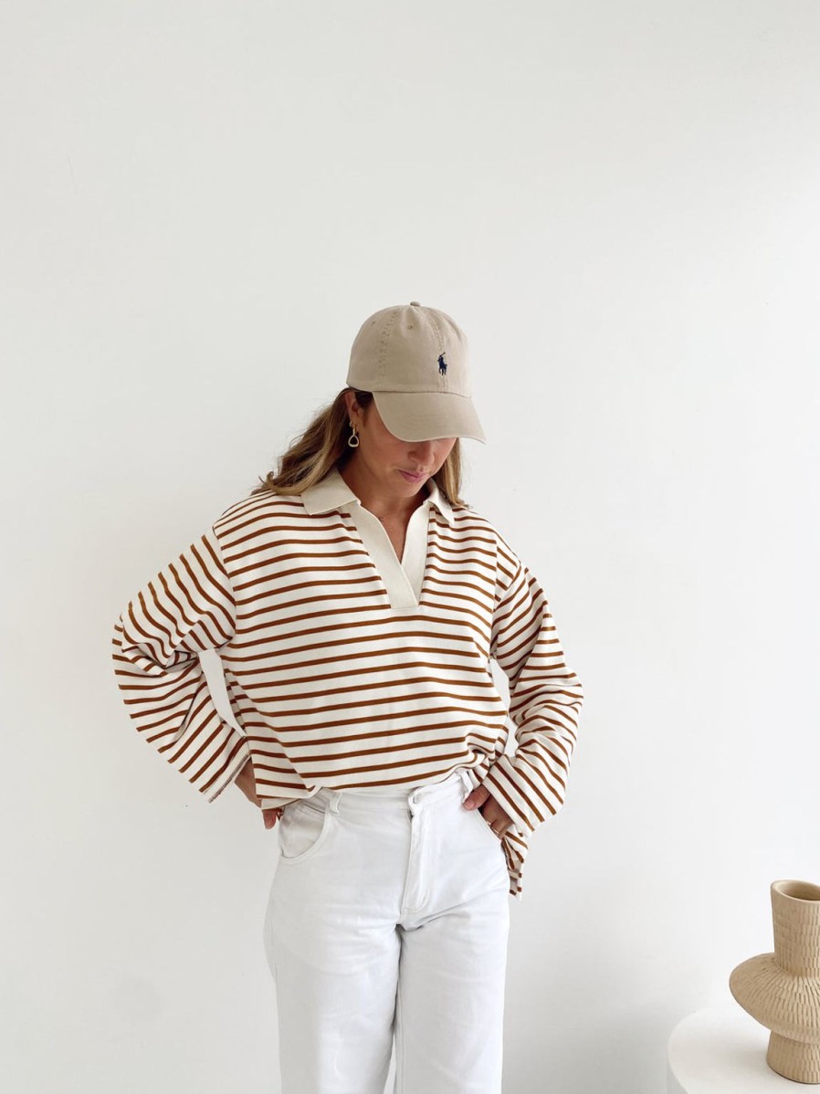 Clearance BLVD. the label Coast Striped Pullover - Camel / White